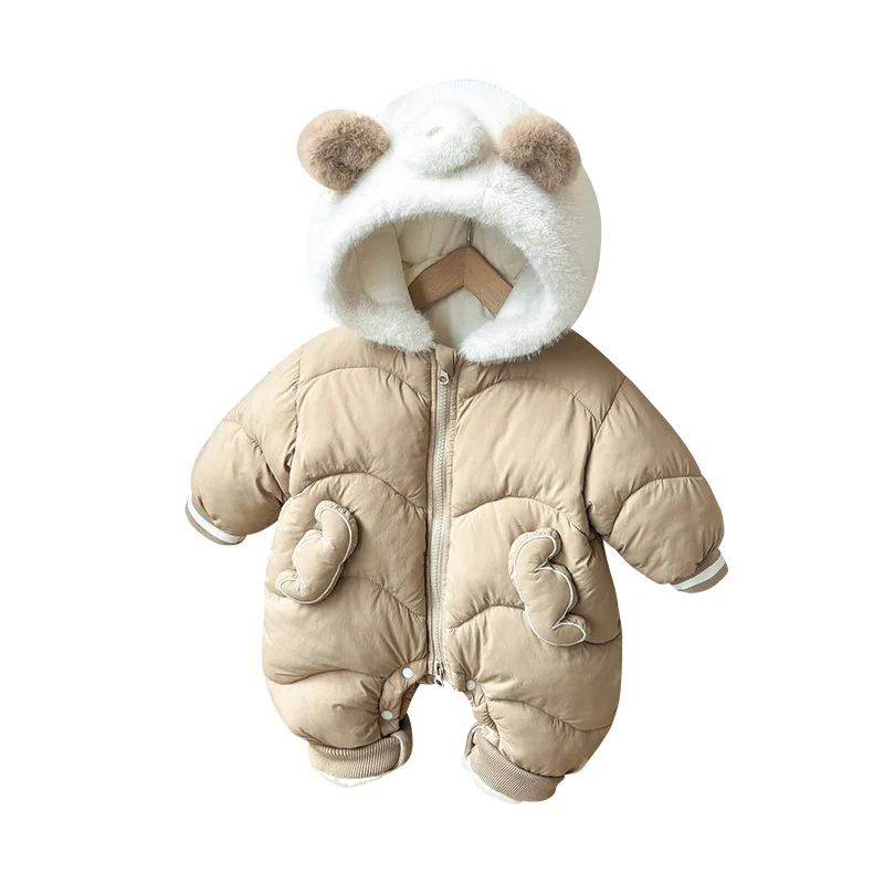 2024 Winter New in Kids Baby Boys Solid Color Thicken Cartoon Bear Modeling Outfits,toddler Infant Jumpsuits Romper 0-24M