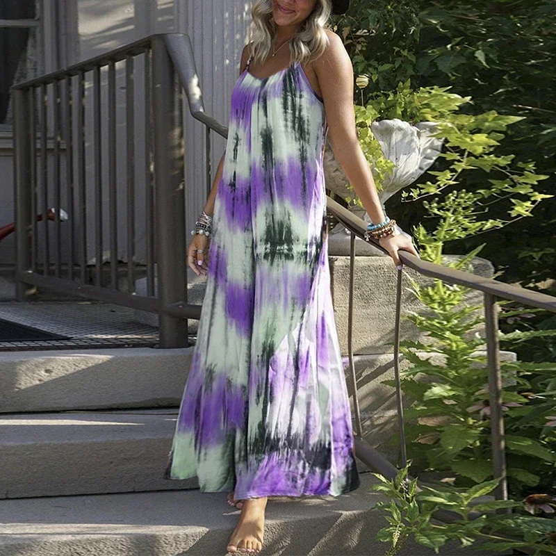 Vintage Tie-Dye Gestreepte Print Sling Lange Jurk Vrouwen Lente V Hals Backless Boho Maxi Jurk Zomer Mouwloze Losse Strandjurk