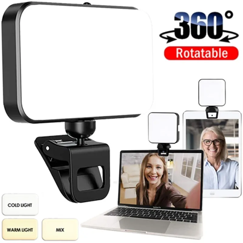 Portable LED Selfie Light Adjustable 3 Light Modes 360Degree Rotation Phone Selfie Lights Clip for Cell Phone IPad Laptop Camera
