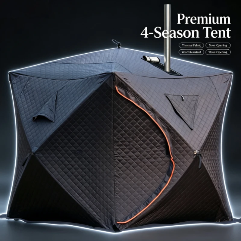 Black Insulated Ice Fishing Tent with Chimney Port, Pop-Up Design for Winter Camping & Snow Fishing Shelter
