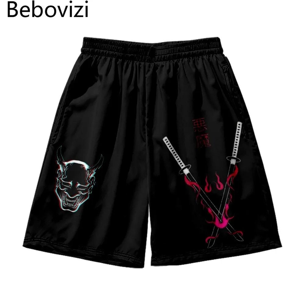 Summer Male Streetwear Beach Shorts Casual Loose Japanese Style Demon Print Men Women Elastic Waist Black Shorts Plus Size