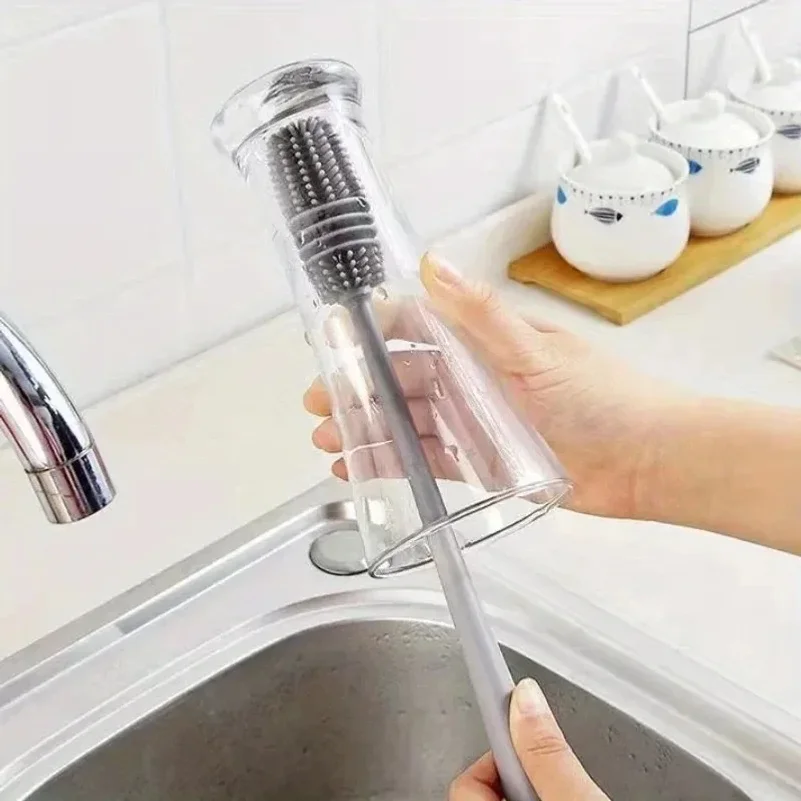 Long Handle Silicone Bottle Brush - Kitchen Cleaning Tool for Glass Cup Scrubber Drink Bottle Cleaner with Ergonomic Design
