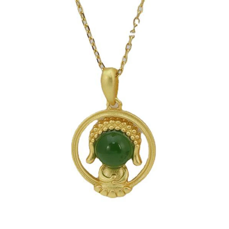 

Jade Necklace Silver 925 Budah Natural Stone Italian Gold Plated Jewelry Retro Mythological Accessories For Women Birthday Gift
