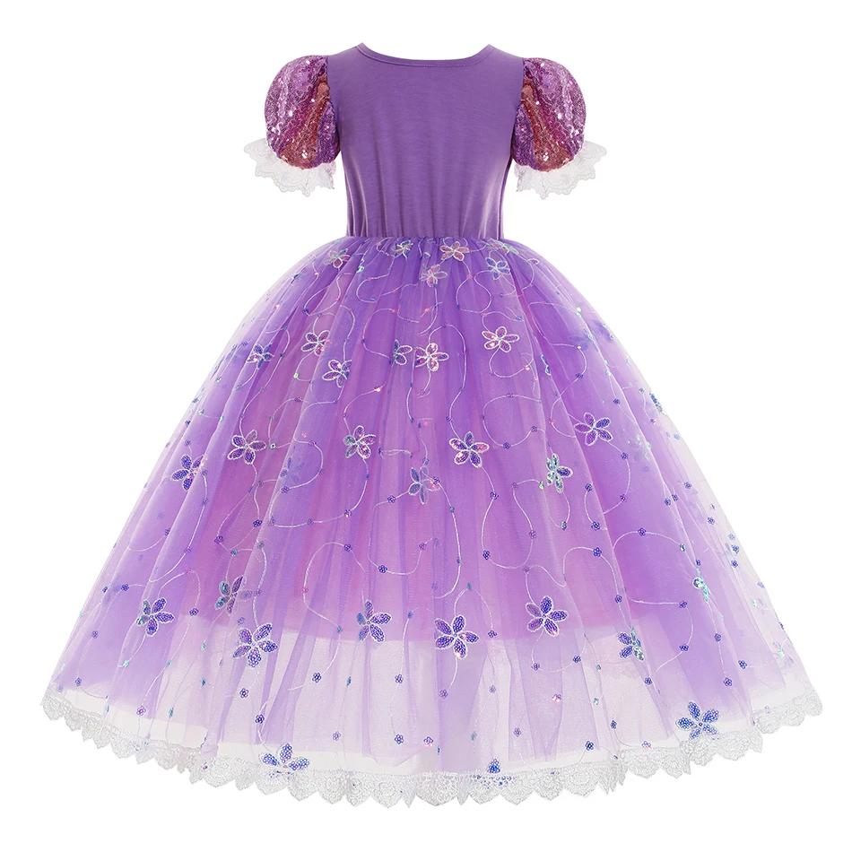 Princess Rapunzel Cosplay Dress Gril Luxury Lace Sequin Purple Frocks Carnival Princess Outfits Kids Halloween Clothes