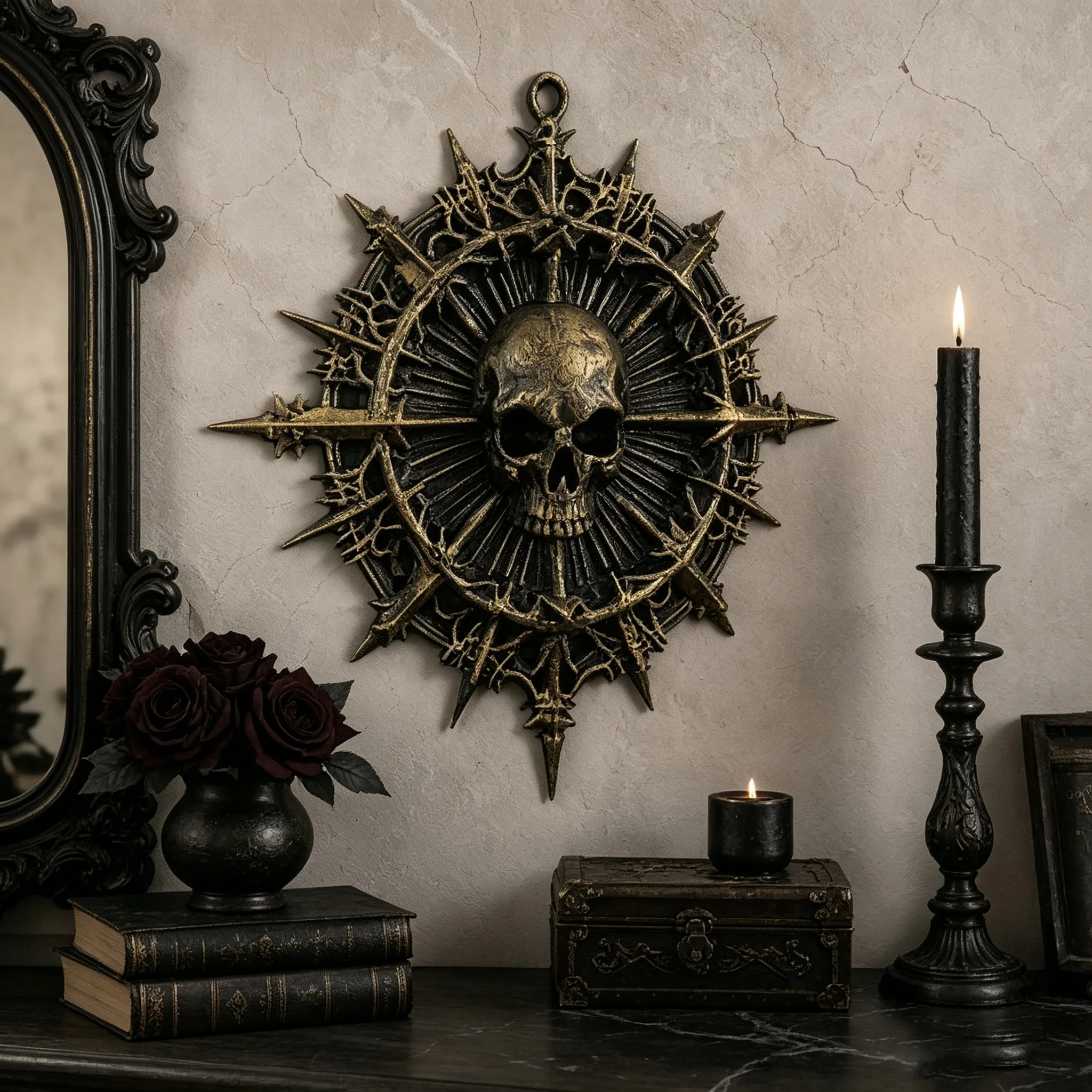 Cross‑border Vintage Aged Bronze Skull Starburst Wall Plaque Gothic Dark Carved Wall Hanging Halloween Home Decor