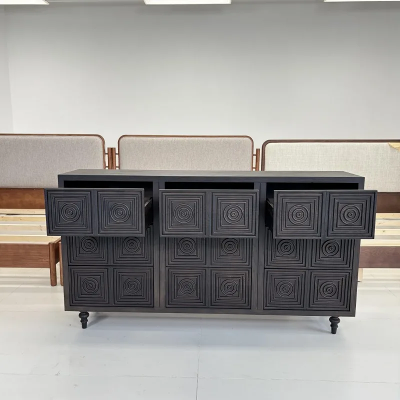 Solid wood dining side cabinet, hand-carved concentric circles, black dyeing, suitable for hotels