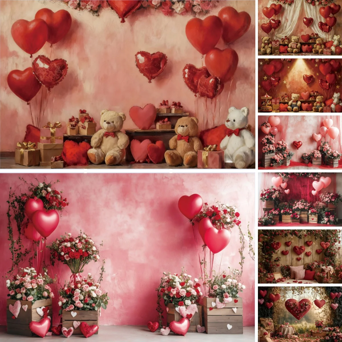 

Valentine's Day Photography Backdrop Love Heart Balloons Roses Teddy Bear Gifts February 14th Couples Portrait Photo Background