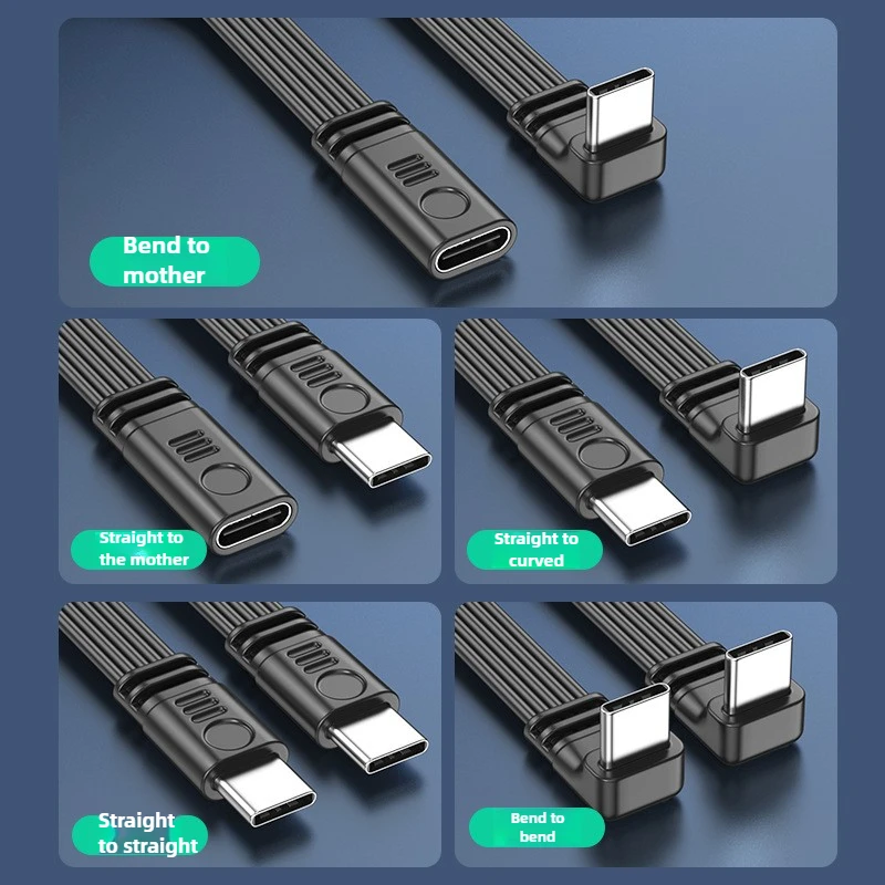 USB Type-C Flat Silicone Flexible Cable 4-Directional Elbow Up Down Left Right  USB 2.0 Data Transmission PD 66W Fast Charging