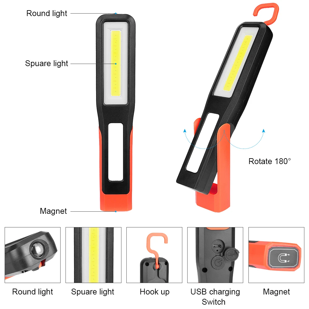 COB LED Working Light 3 Mode Inspection Lamp USB Charging Magnetic Flashlight Swivel Hook Hanging For Car Repairing With Battery