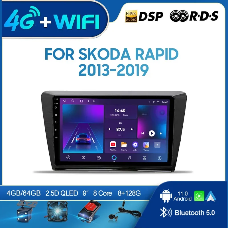 QSZN 스코다 래피드 2013-2019, 9 인치 2din 안드로이드 12.0, 자동차 라디오 멀티미디어 비디오 플레이어, GPS 네비게이션, 4G 카플레이 헤드 유닛