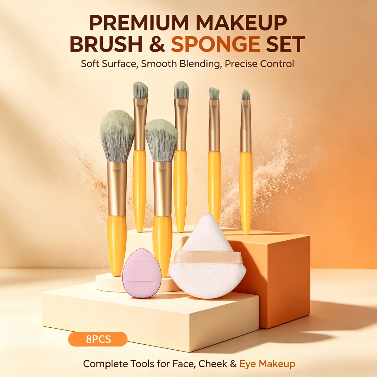 8Pcs Yellow Makeup Brush Set with Beauty Sponge Powder Puff Soft Cosmetic Brushes for Blush Contour Eyeshadow