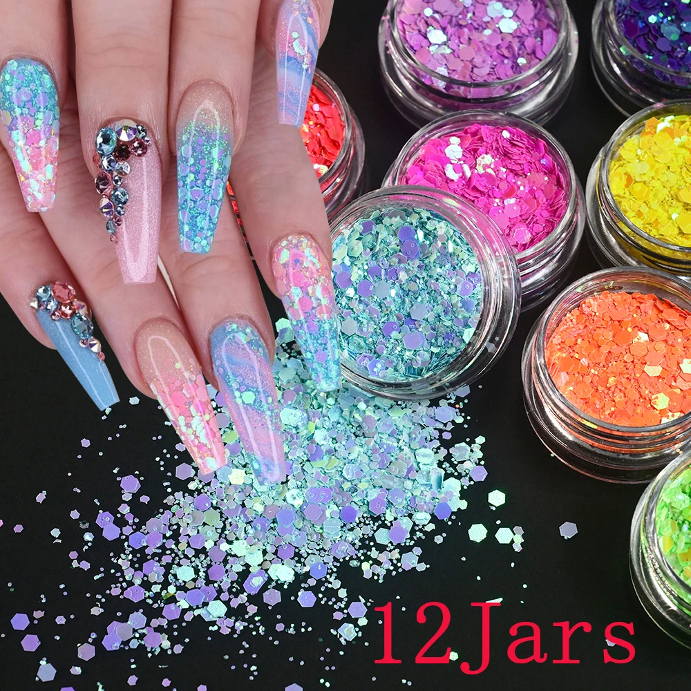 12 vasetti olografici glitter per unghie paillettes iridescente macaron esagono fetta scaglie per smalto gel glitter per unghie accessori per manicure