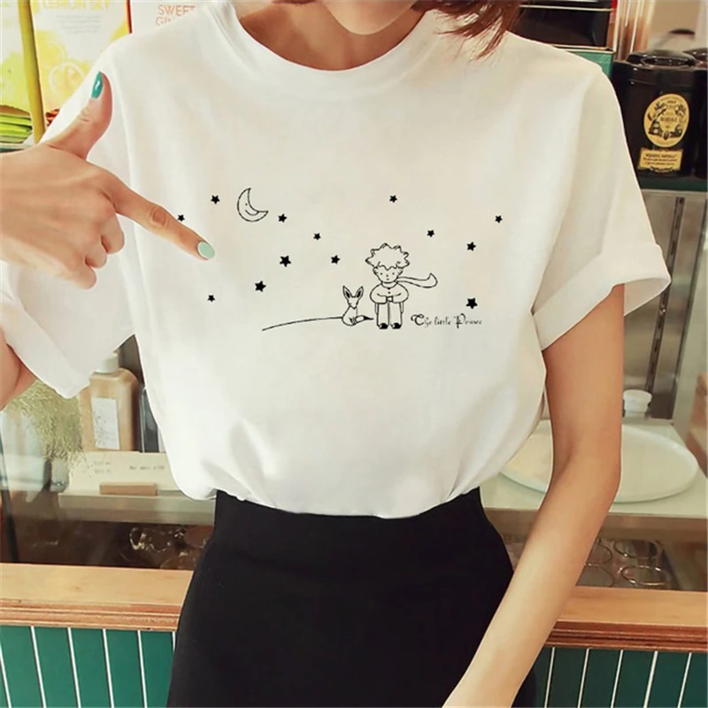 

Cartoon Tshirt Little Prince Print Graphic Women's T-Shirt Little Prince Graphic Tees Vouge Shirts for women O-Neck Short Sleeve