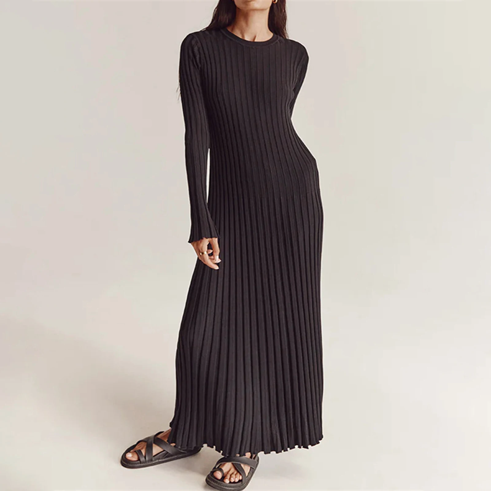 Combhasaki Abito lungo dritto da donna elegante a maniche lunghe a costine girocollo tinta unita a righe slim fit con lacci sul retro streetwear