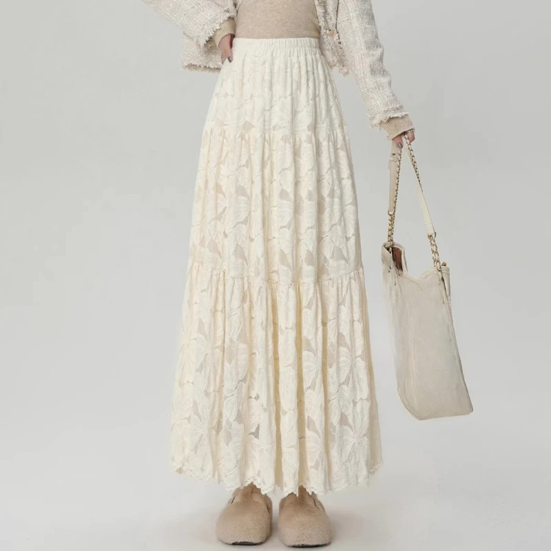 2026 Winter Fall Women High Waisted Fleece Thick Beige Skirt ,  Woman Elegant Ruffles A Line Skirts