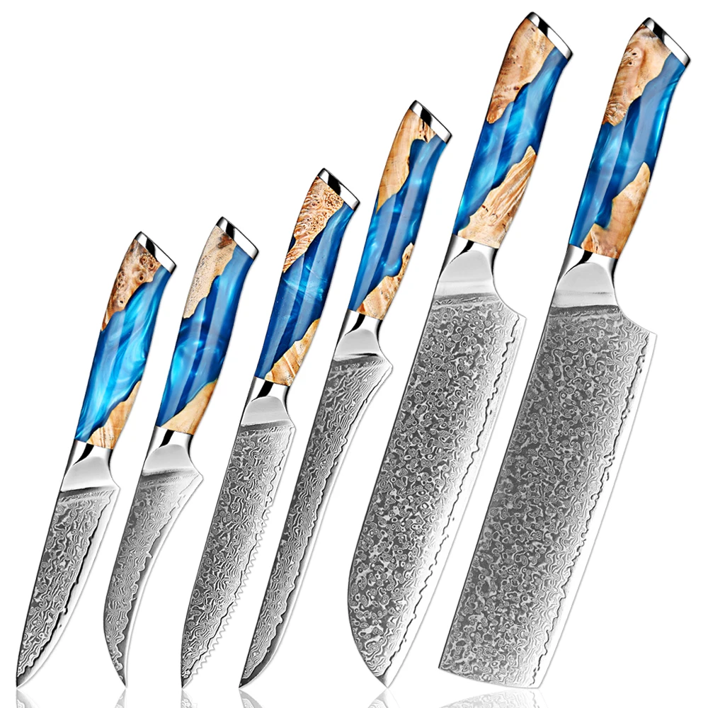 Japanisches Damaststahl-Küchenmesser-Set, 1–6 Stück, Santokumes, Allzweckmesser, Ausbeinmesser, Kochmesser, Obstmesser, Harzgriff