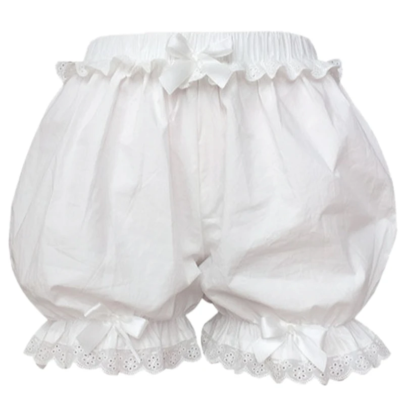 Women Ruffled Lace Trim Pumpkin Shorts Maid Cosplay Bowknot Safety Pants