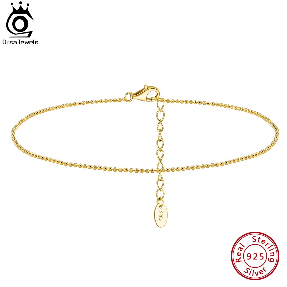 ORSA JEWELS 14K Gold Ball Faceted Bead Chain Anklets Fashion Women Summer 925 Sterling Silver Foot Bracelet Straps Jewelry SA80