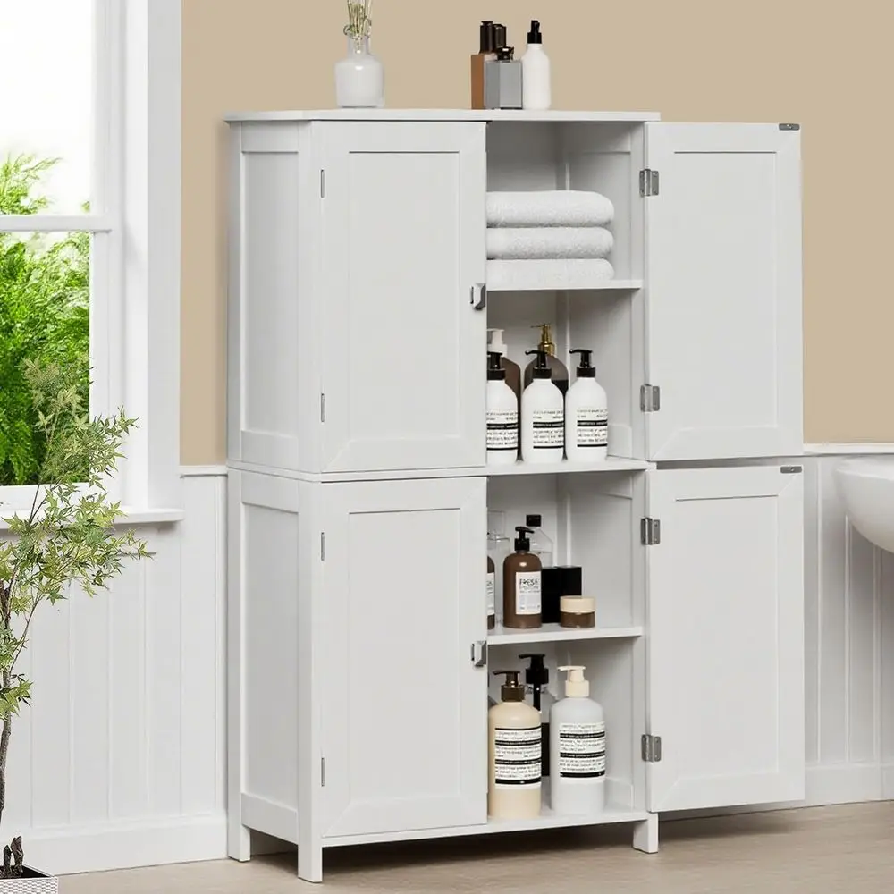 Adjustable 4-Door Wooden Storage Cabinet for Bathroom, Kitchen, and Living Room in White