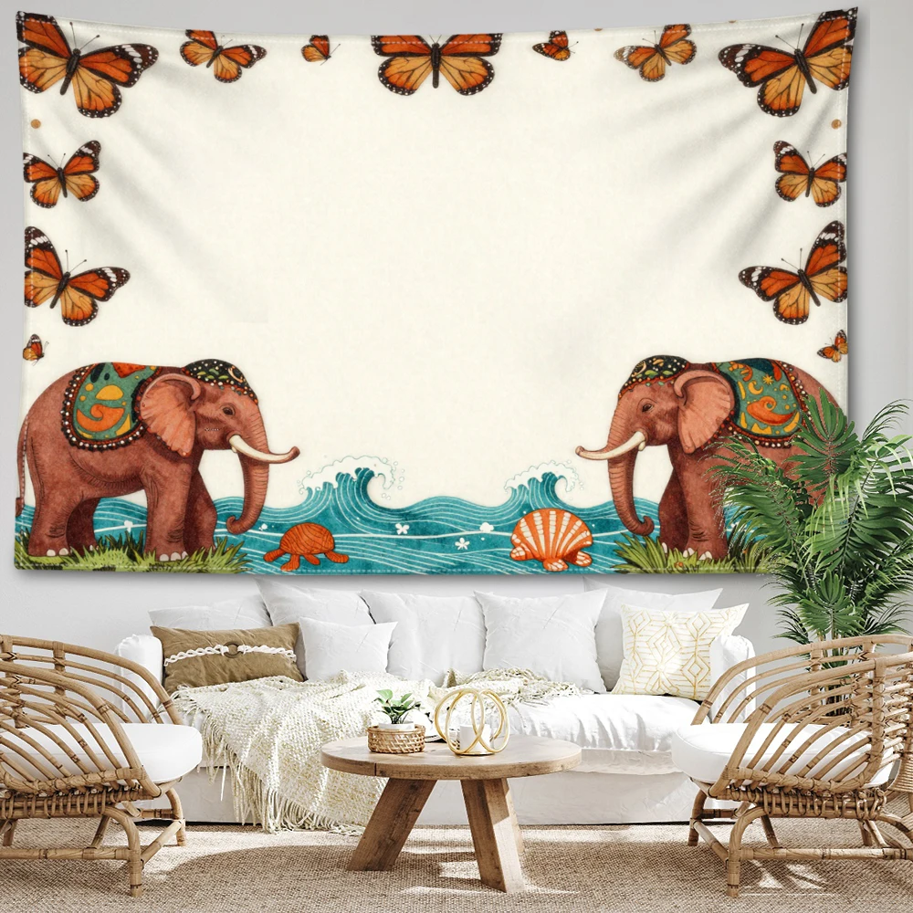 Orange Butterfly Elephant Sea Wave Shell Wall Tapestry, Boho Ocean Decor
