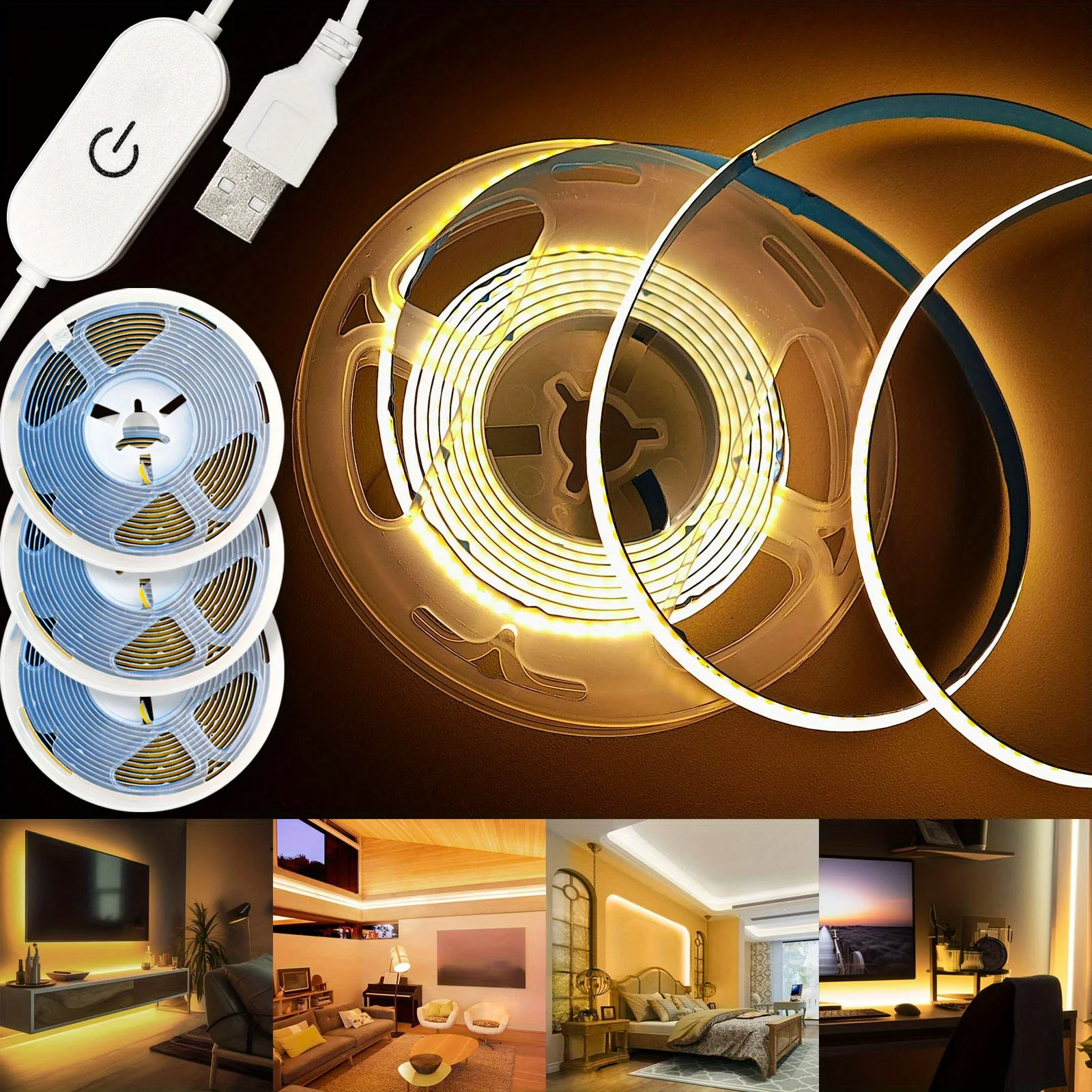 LED Light Strip COB USB Touch Dimmer 5V High Density RA90 Flexible Ribbon Rope Tape Lamp 320Leds/m TV Mirror Cabinet Room Decor