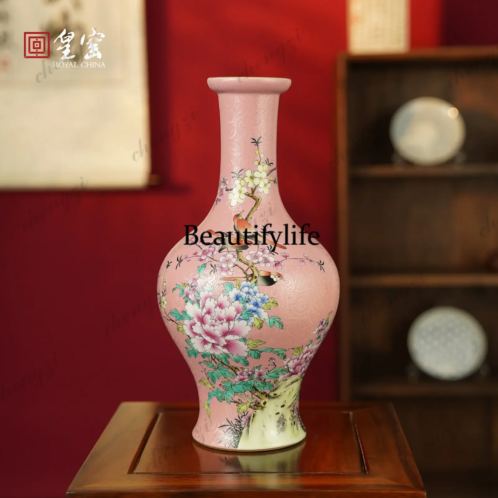 a95 Royal kiln hand-painted vase Jingdezhen ceramic ornament Chinese living room entrance flower arrangement porcelain vase