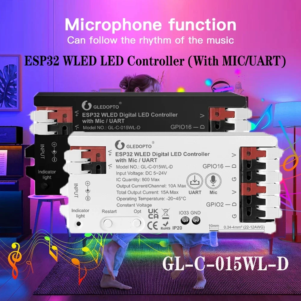 

GLEDOPTO ESP32 WLED LED Controller with Mic & UART Download Use For WS2811 WS2812 SK6812 TM1814 WS2813 WS2815