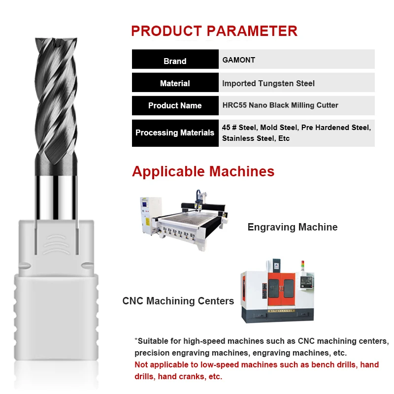 GAMONT-Preto Nano Revestimento Endmills, Tungsten Aço, Carbide Flat End Mills, CNC Usinagem Mecânica, Fresa, 4-Flute, HRC55