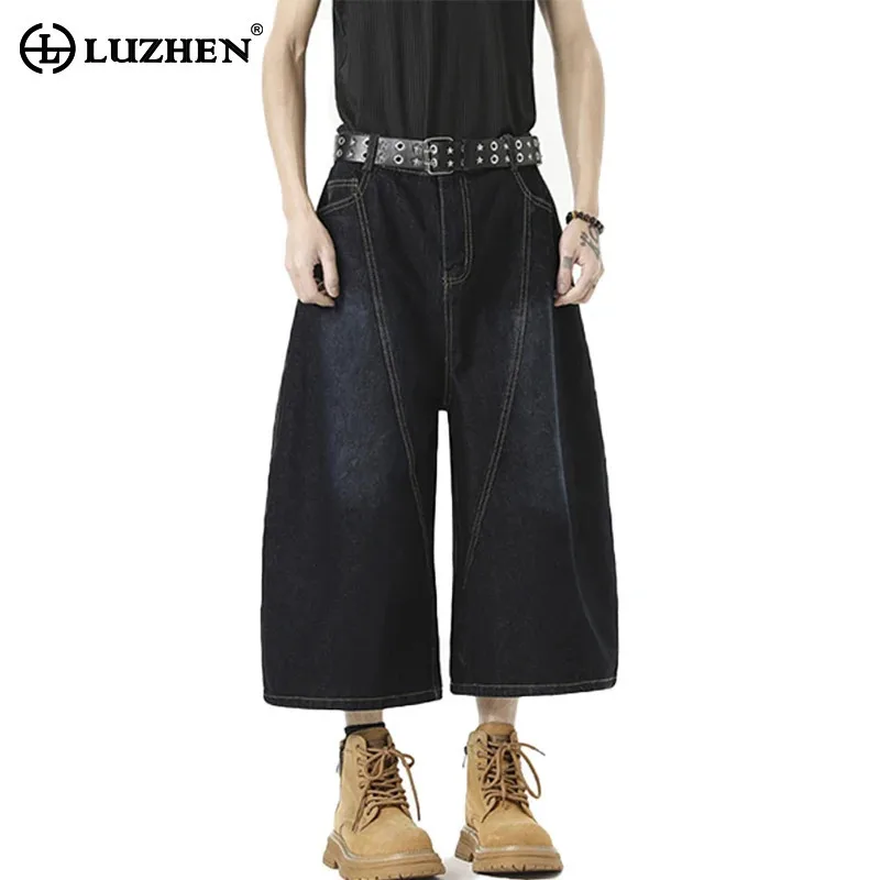 

LUZHEN 2025 Summer Trendy Textured Stripe Embroidery Design Straight Cropped Denim Pants Men Loose Wide Leg Casual Jeans JY2023