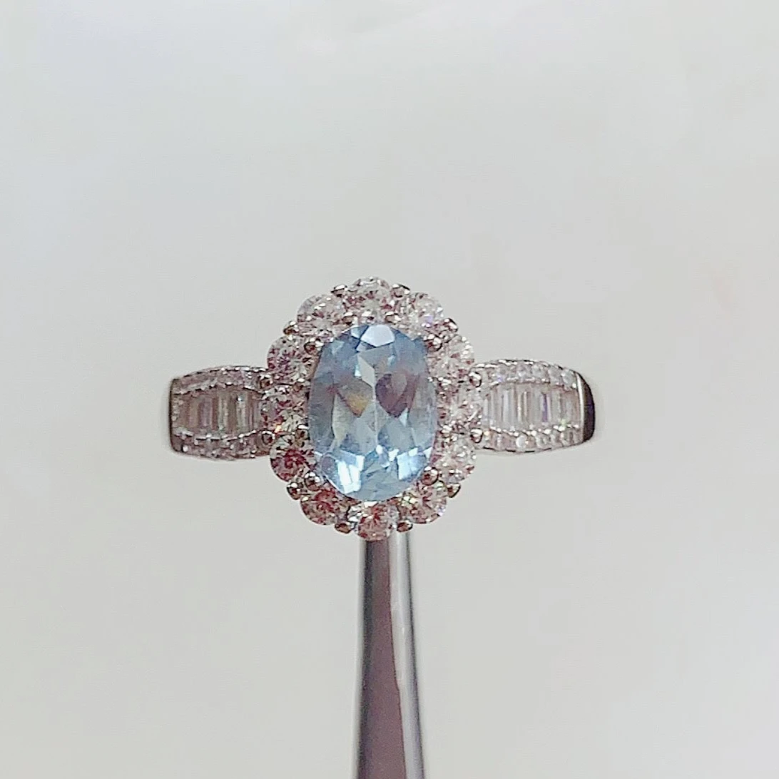 925 Sterling Silver Natural Aquamarine Ring Certified Oval 5x7mm Genuine Aquamarine Jewelry Birthday Gift for Women