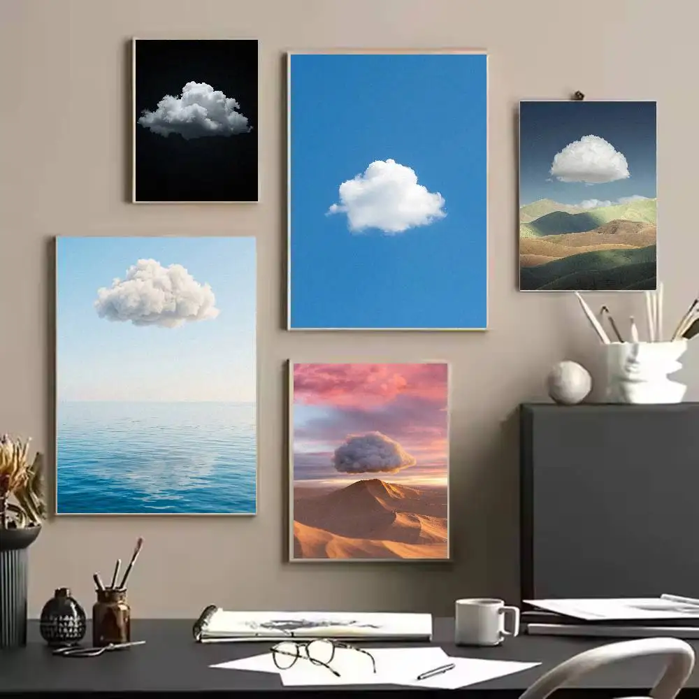 Floating Cloud Art Poster, Surreal Single Cloud Scenery Dreamy Sky Cloud Over Ocean Mountain Desert Landscape Wall Art Decor