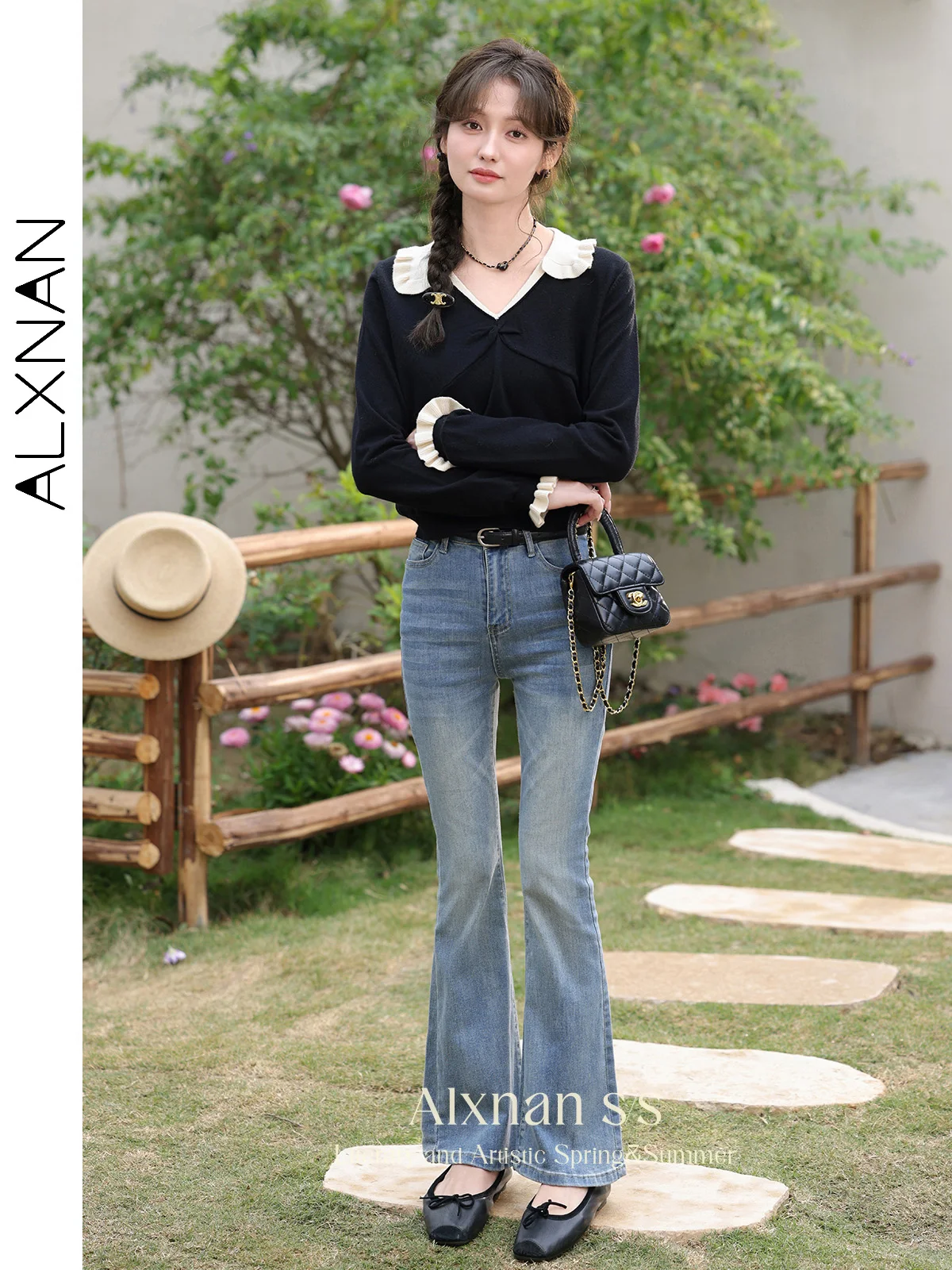 ALXNAN Women Peter Pan Collar Sweater 2024 Fall New Spliced Knitted Pullover Solid Commuter Cropped Tops Female L33825