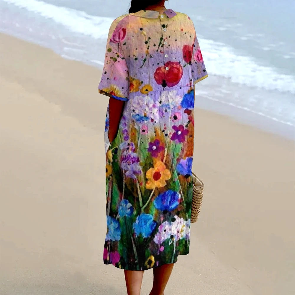 Women's Printed Lapel Maxi Dress Pocket Boho Beach Sundress Vestidos Luxury Brand Short Sheeve Retro Ethnic Skirt