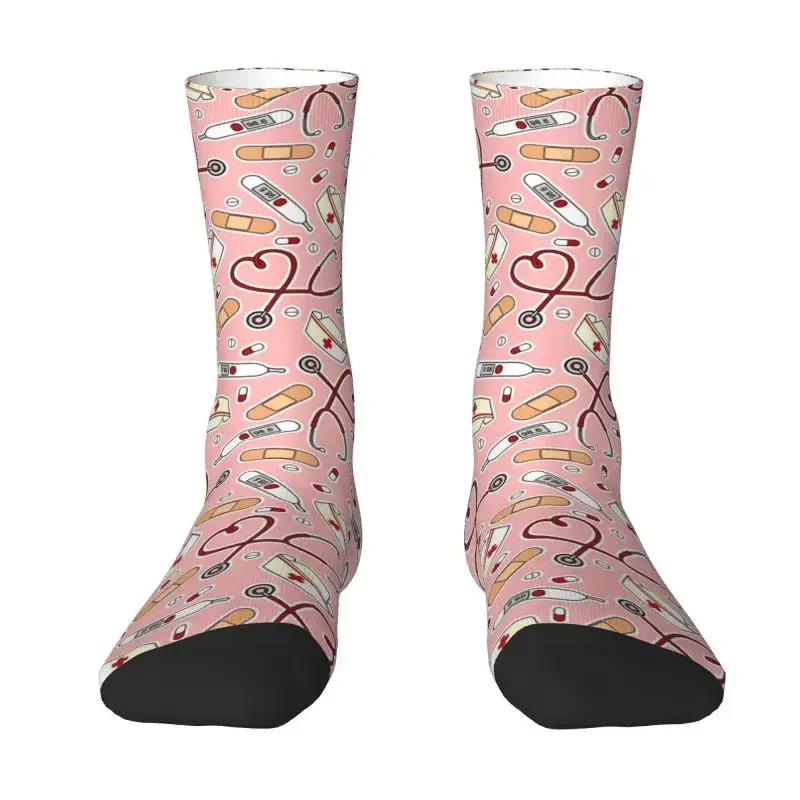 Y2K fashion printed pink cartoon nurse for men women stretch summer autumn winter medical nursing crew socks