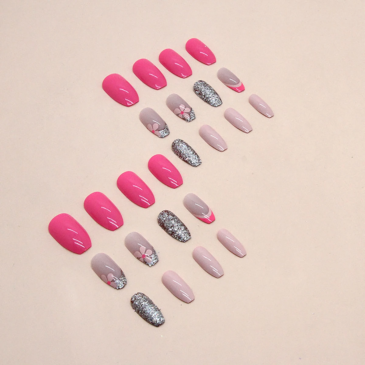 24pcs Chinese Ballet Nail Explosive Flash French Rose Red False Nail Rubbing Bar&Jelly Gel
