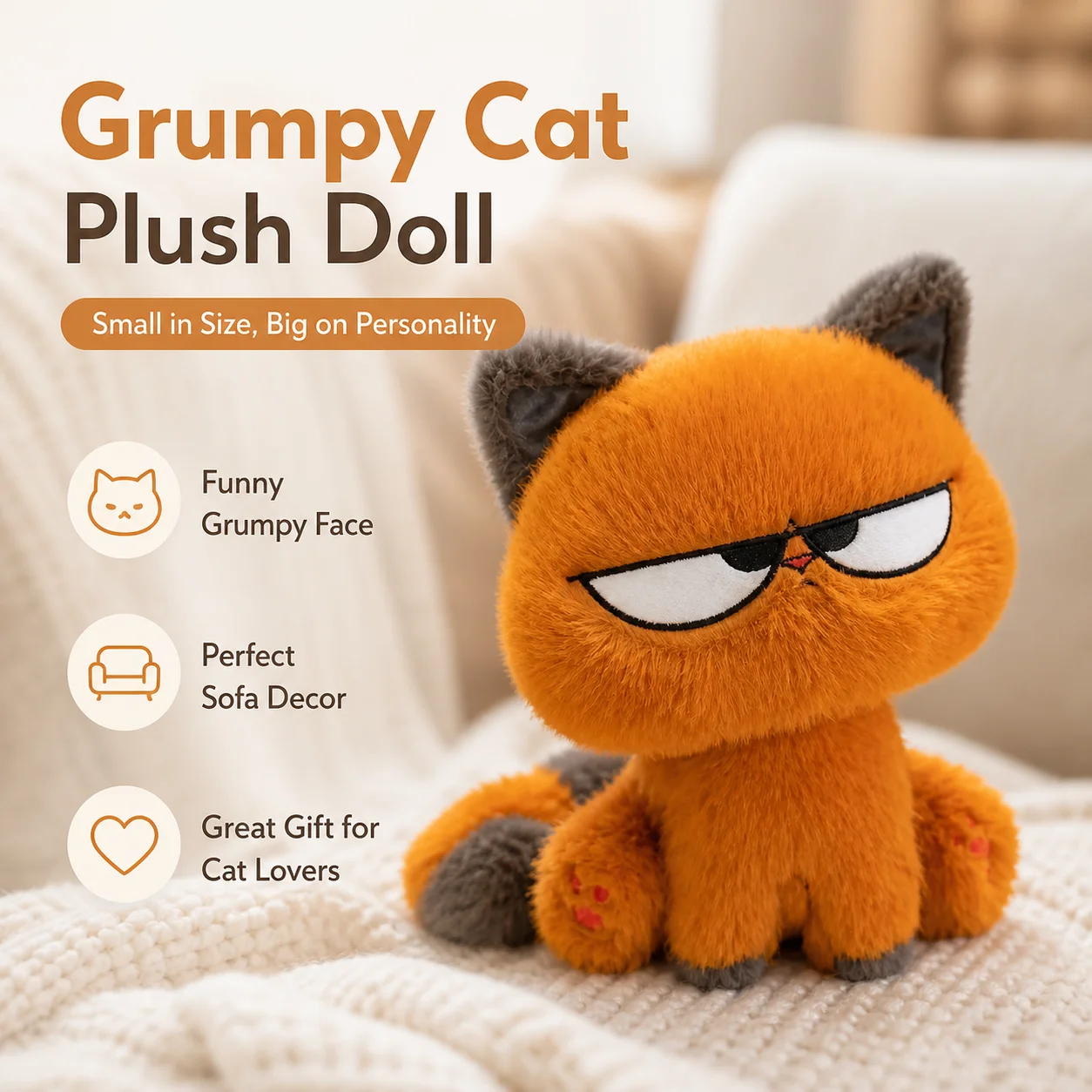 Cute Angry Cat Plush Toy Soft‑Stuffed Orange Kitten Doll Home Decoration Pillow For Sofa And Bedroom Birthday Gift  Adults