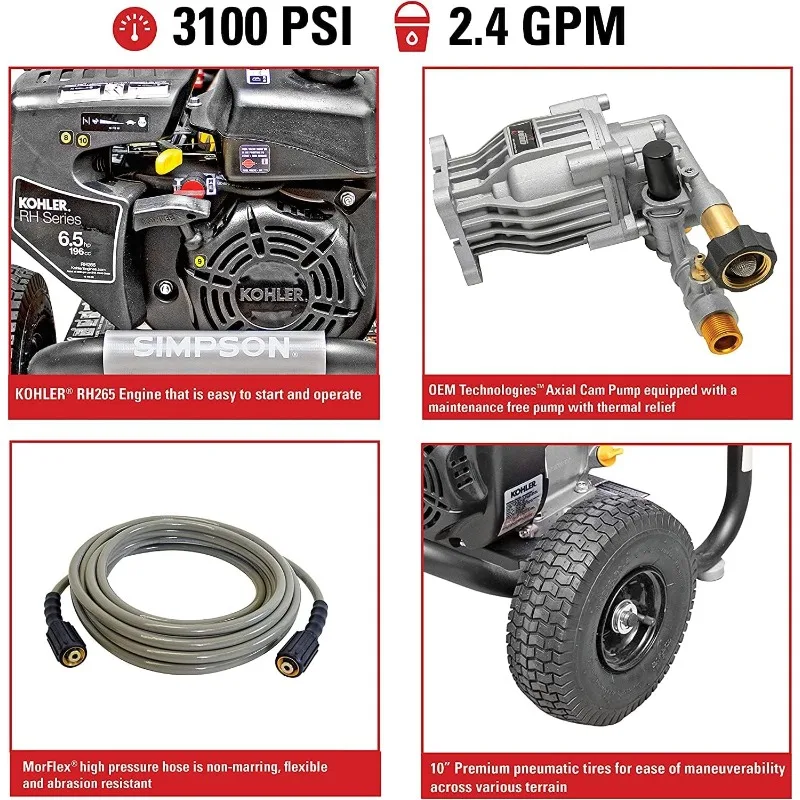 SIMPSON Cleaning MS60763-S MegaShot 3100 PSI Gas Pressure Washer, 2.4 GPM, Kohler RH265 Engine, Includes Spray Gun