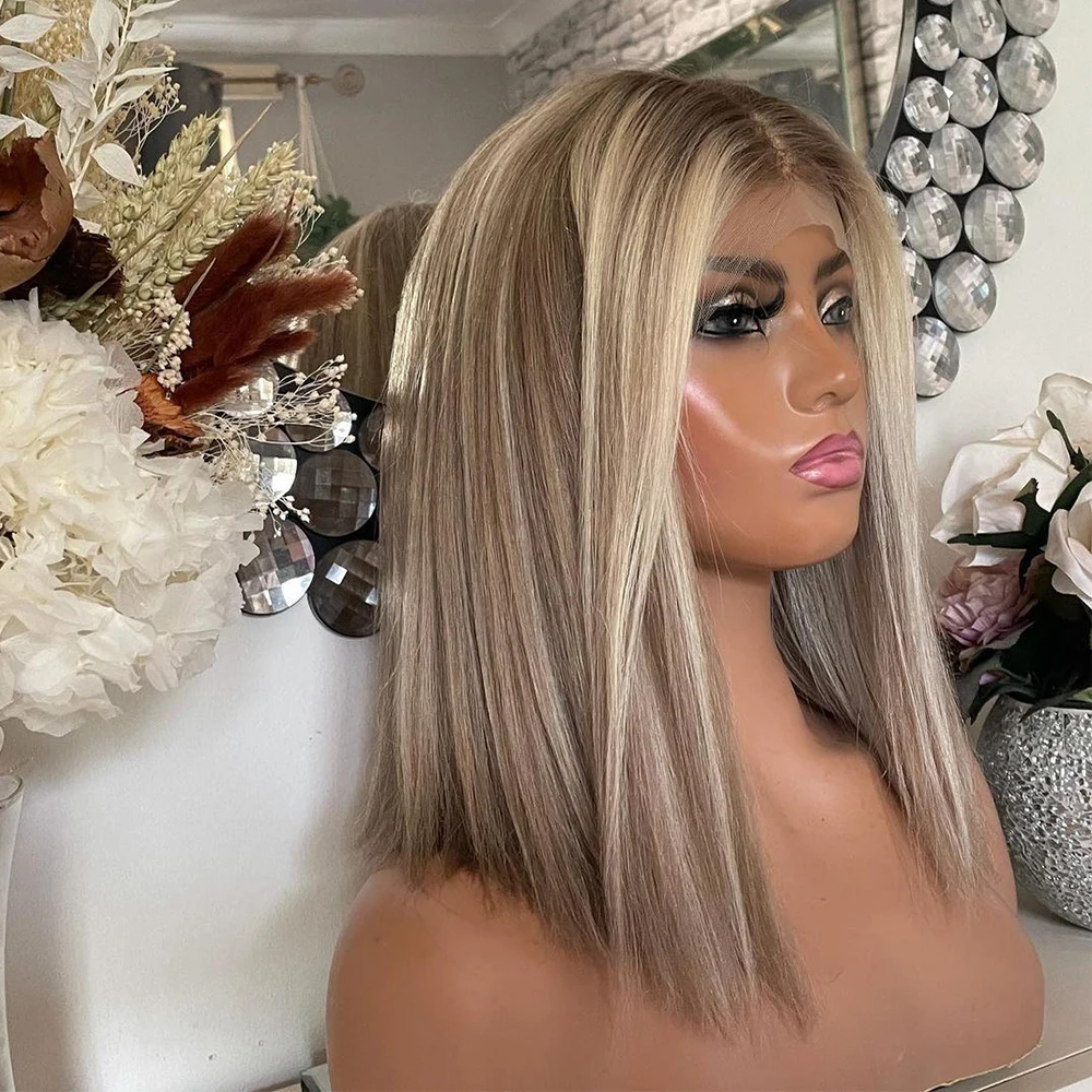 

Blonde Bob Balayage Virgin Premium Human Hair Wig Short Straight Wig Root Melting Dirty Blonde 12” HD 13x6” Lace Front Wig 150%