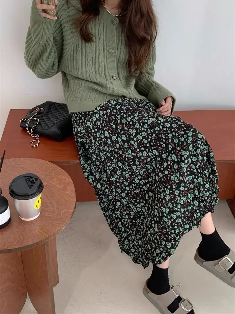 

Corduroy Skirt Women Elastic Waist A Line Loose Casual Skirt Female Classy Print Pathwork Skirt Female 2023 Thickening C56