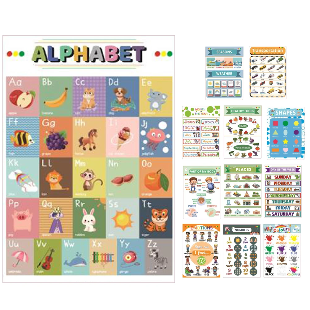 

12 Sheets Household Preschool Posters White Cardboard Educational Wall Charts For Kids Classroom Nursery Cognitive Accessories