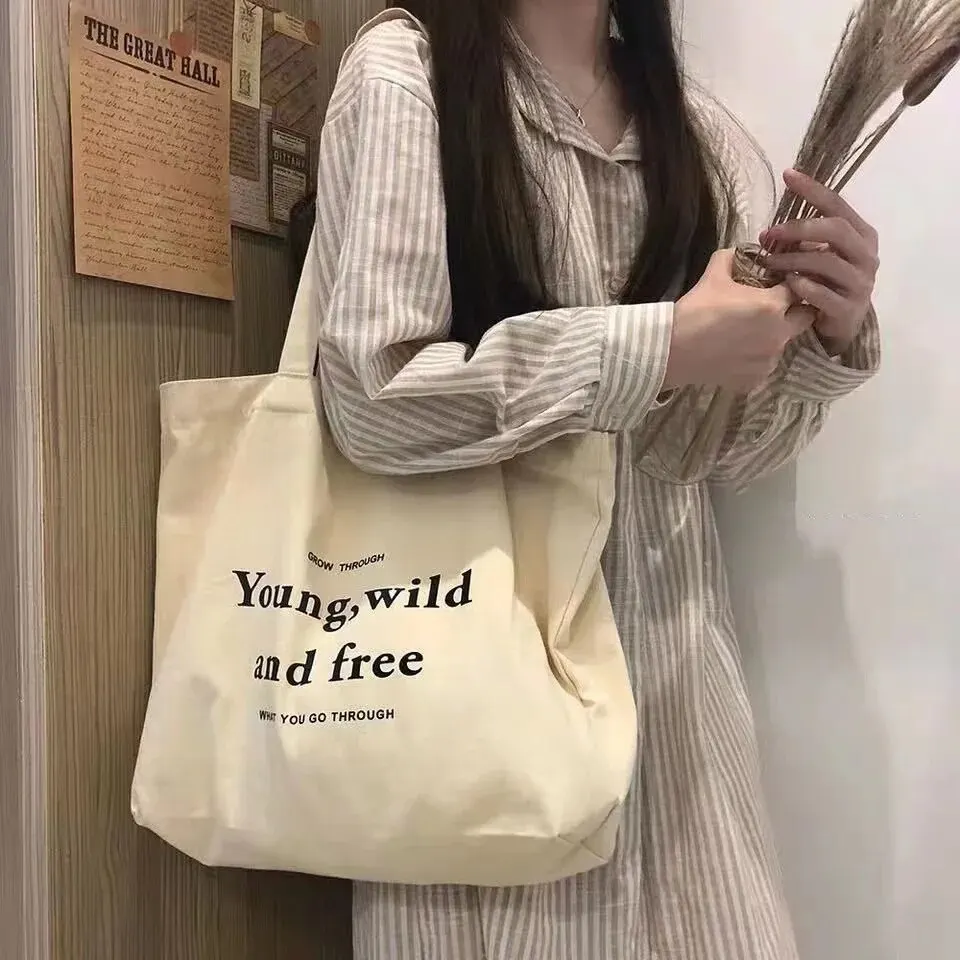 Korean Ins Wind Simple Casual Canvas Bag Students Classes Large Capacity Letter Shoulder Canvas Bag