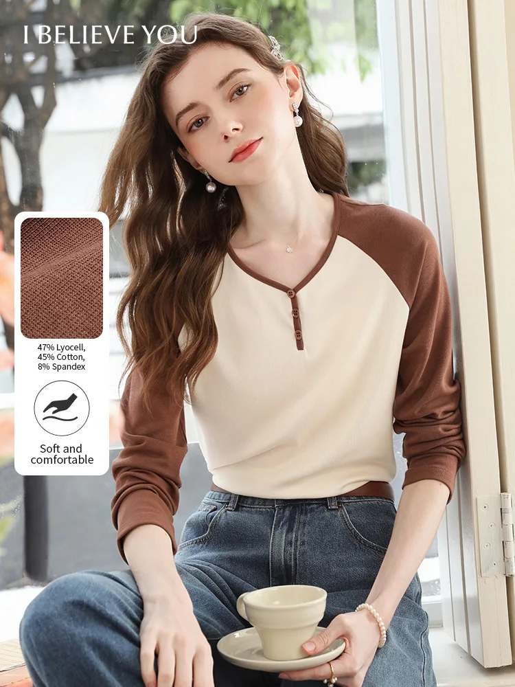 

I BELIEVE YOU Women's Apricot Brown Contrasting V-neck Long Sleeved T-shirt Autumn 2025 Raglan Sleeve Top Casual Tees 2253016101