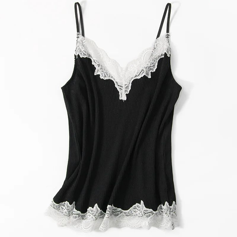 BirdTree, 30% Natural Silk 70% Cotton Elegant Sling, Women V Neck Lace, Sext Thin Bottom Tank Tops, 2024 Summer Autumn P48572QC