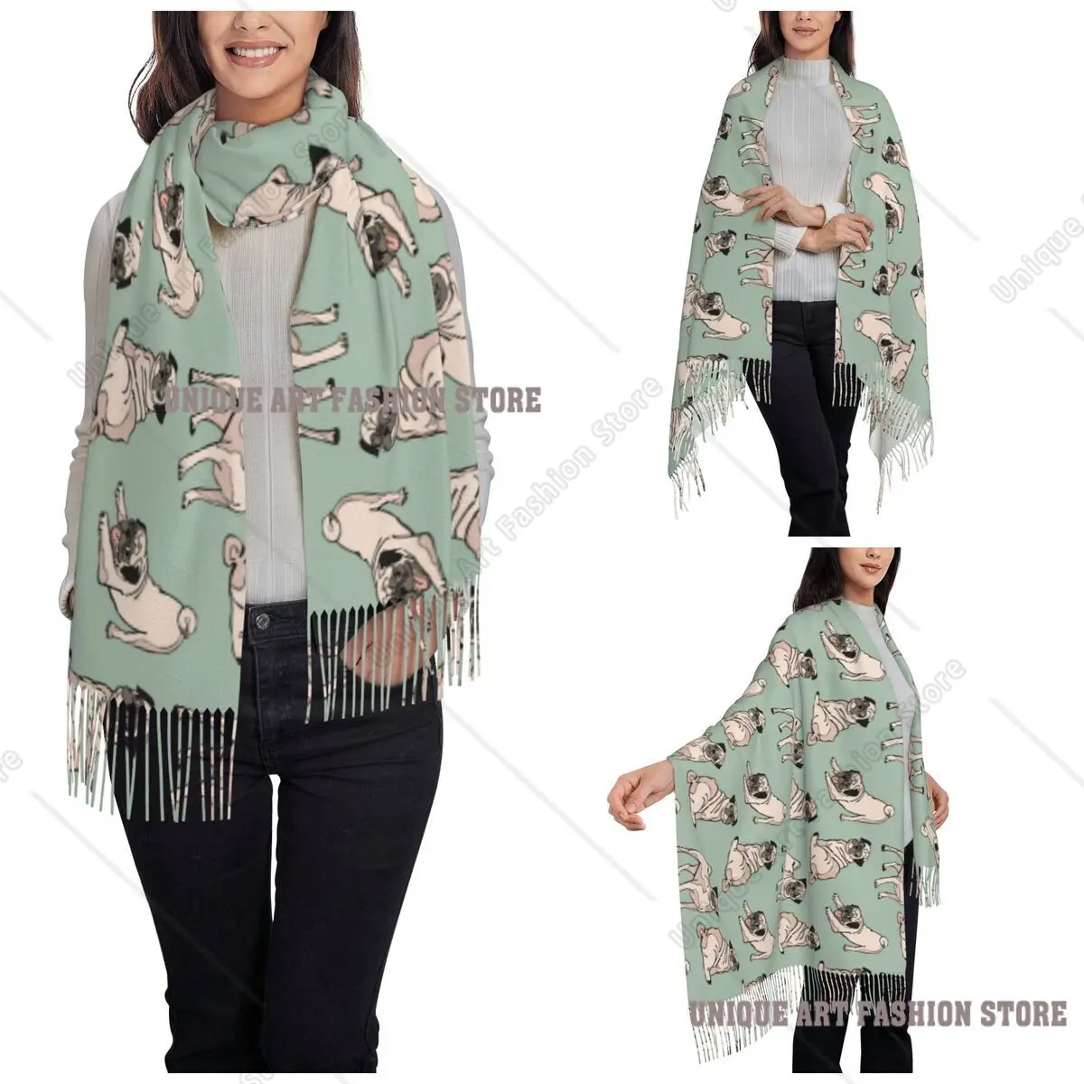 Women's Tassel Scarf Cute Dog Pug Large Winter Fall Shawl and Wrap Dog Lover Animal Gifts Cashmere Scarf