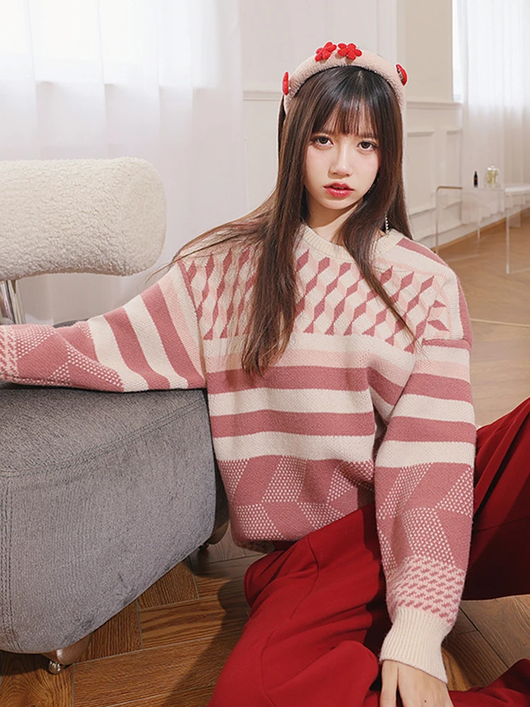 

Розовый вязаный свитер с геометрическим узором для женщин, милый, с круглым вырезом, удлиненный, стандартный крой, зимний модный топ от Isni Store