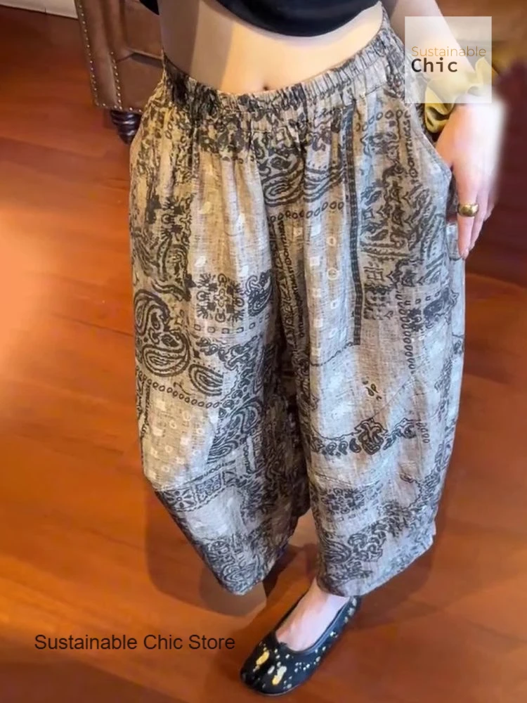 National retro print sunscreen wide-leg pants women's summer new thin loose slim plus size casual eight straight bloomers.