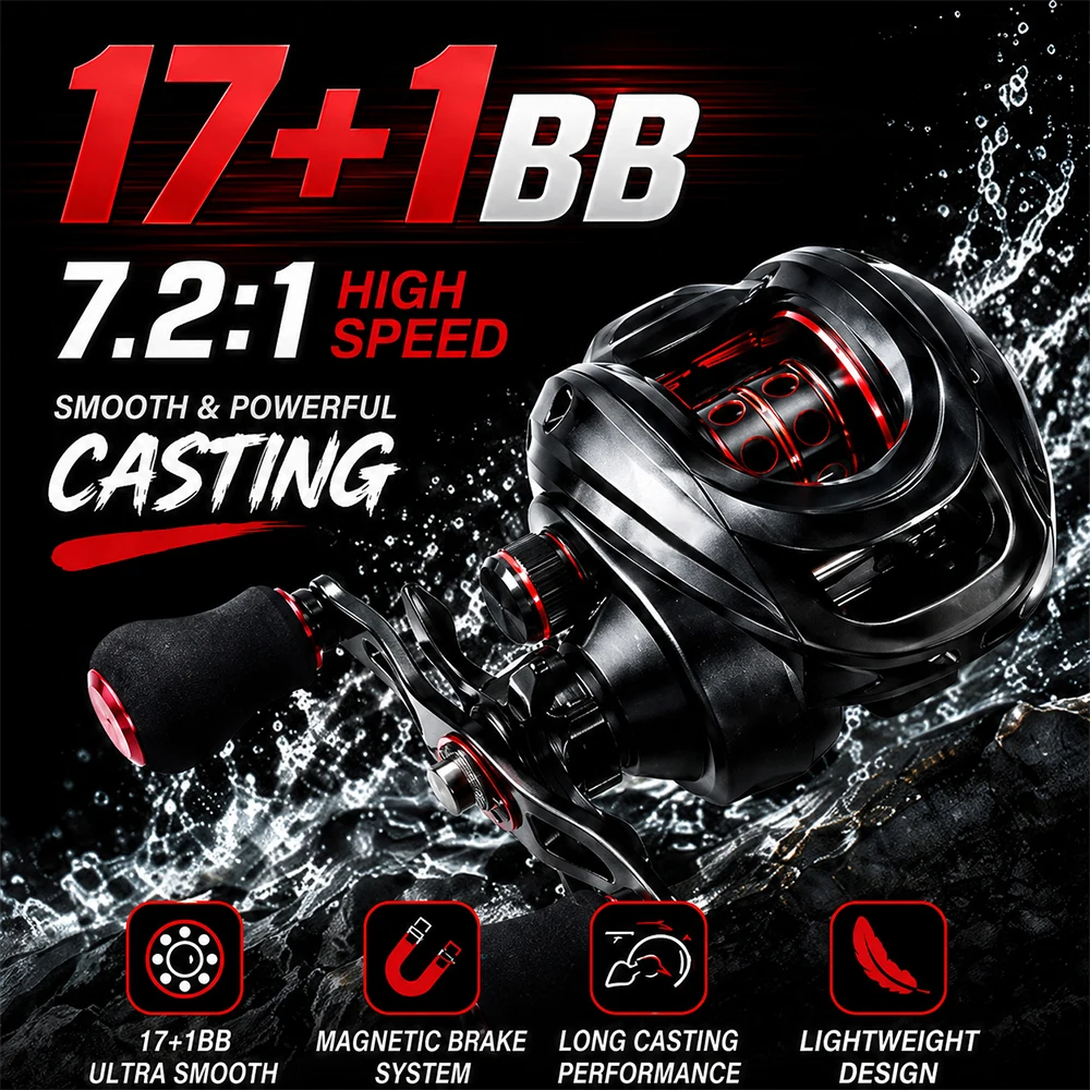 ROLLFISH LK100 Baitcasting-Rolle 17+1BB 7.2:1 Hochgeschwindigkeits-Magnetbremse CNC-Spule Leichtgewichtig Ultra-Glatt 5,5KG Max Bremskraft