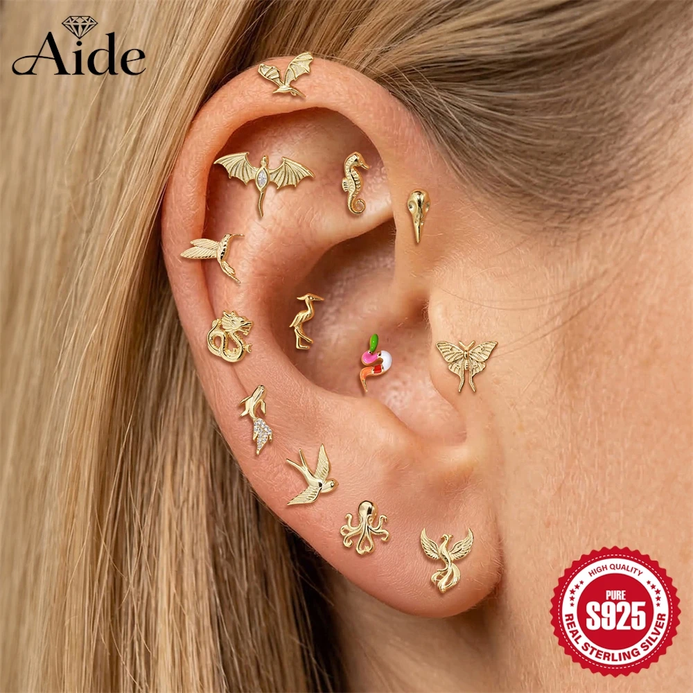 AIDE 925 Sterling Silber INS Fliegender Drache/Kolibri Zierlicher Luxus-Ohrstecker für Damen, Tier-Serie, flacher Kopf, Ohrknochenstecker