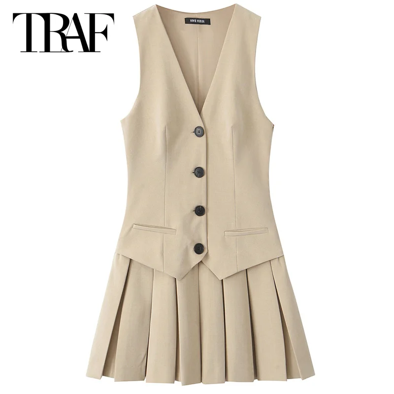 TRAF 2025 Womens Dresses Mini Pleated Dress Summer Women V-Neck Sleeveless Sundress Fashion Khaki Vestidos Elegant Casual Dress