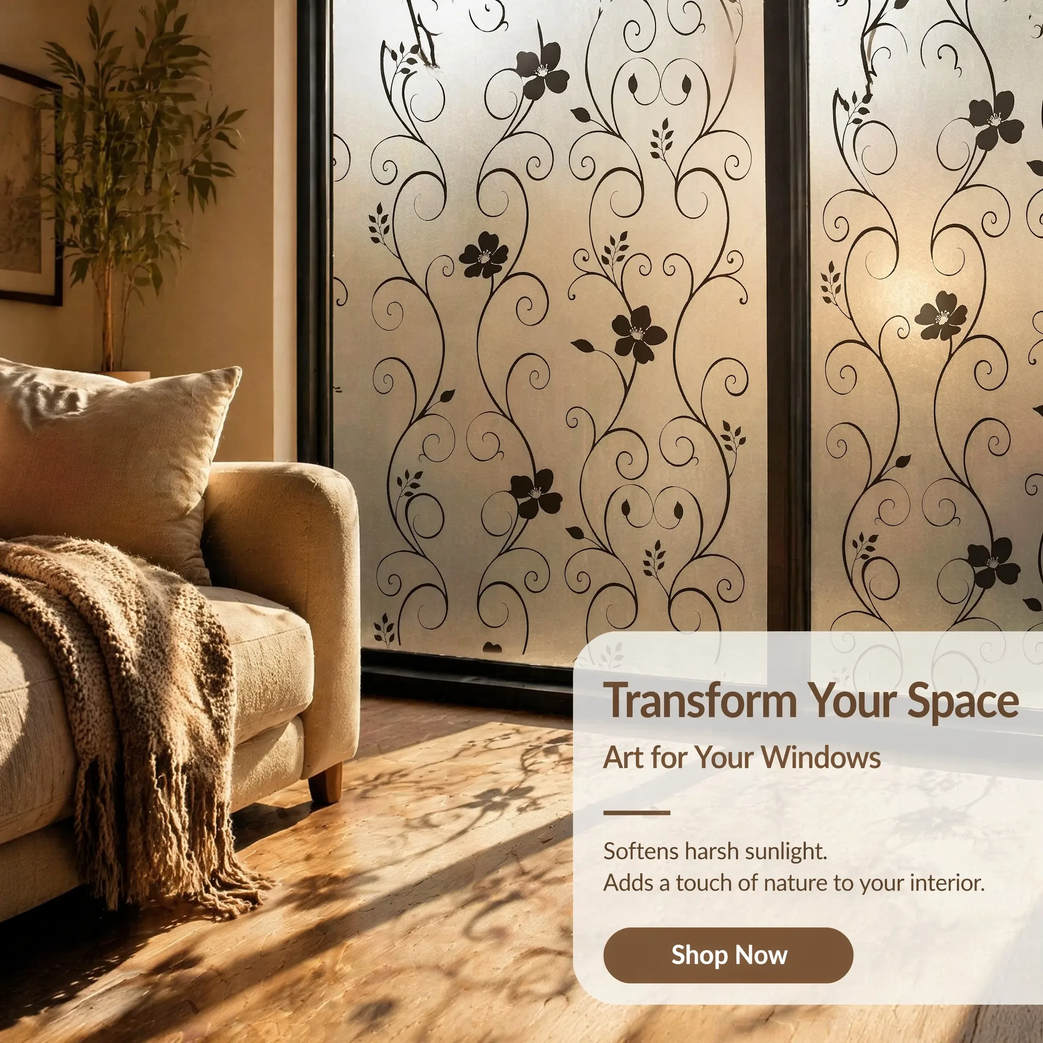 Elegant Black Floral Scroll Vine Self Adhesive Frosted Window Film 24H Privacy Protection UV Blocking Waterproof Anti-Scratch